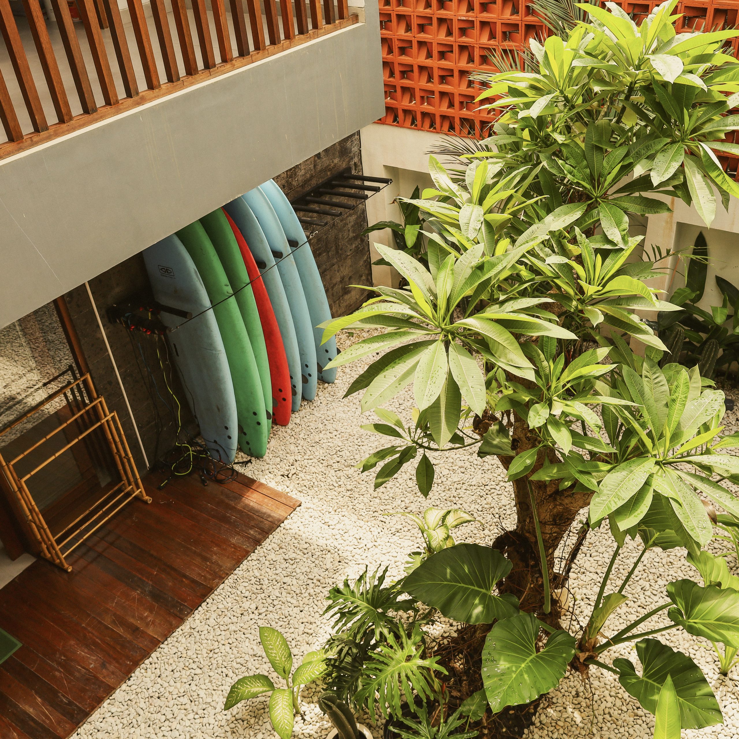 Surfboard rack and lush courtyard garden at Beta Surf Stay Bali